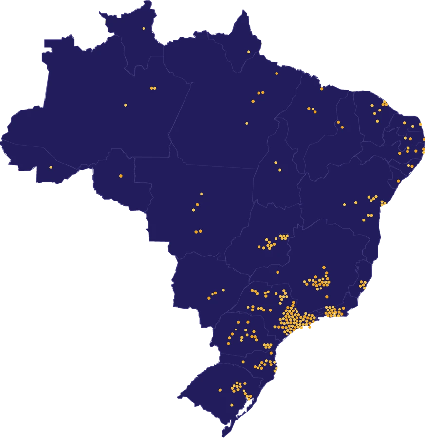 Mapa do Brasil com as áreas concentradas no Sudeste e no litoral